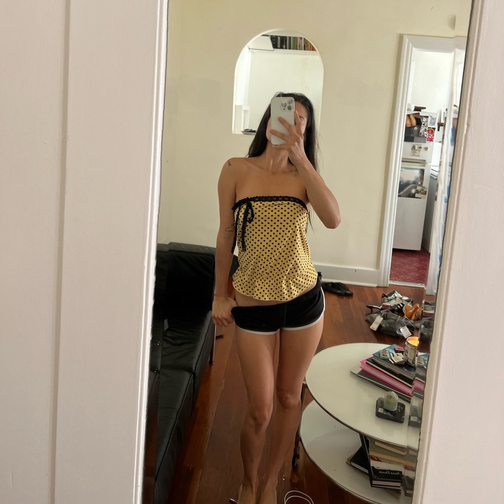 Strapless yellow polka dot top